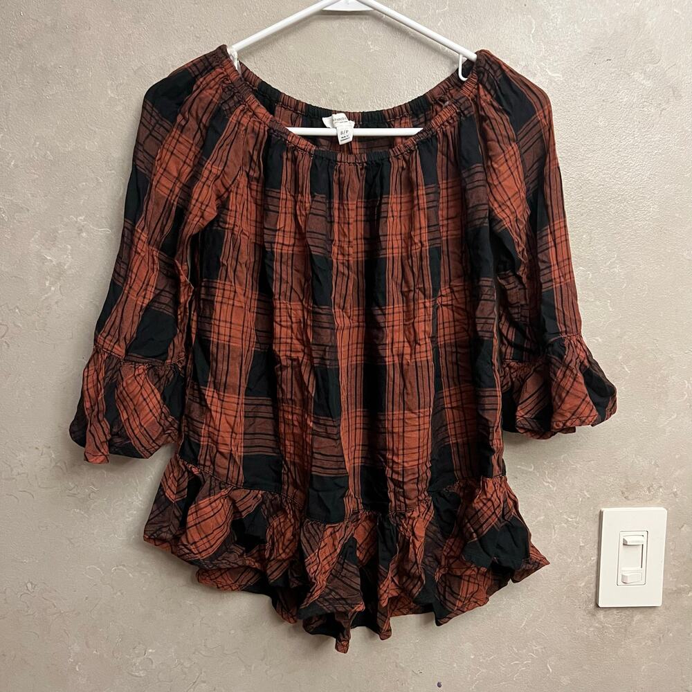 Beachlunchlounge Plaid Bell Sleeve Ruffle Top S/P Small Petite Boho Fall Rust - Picture 5 of 7
